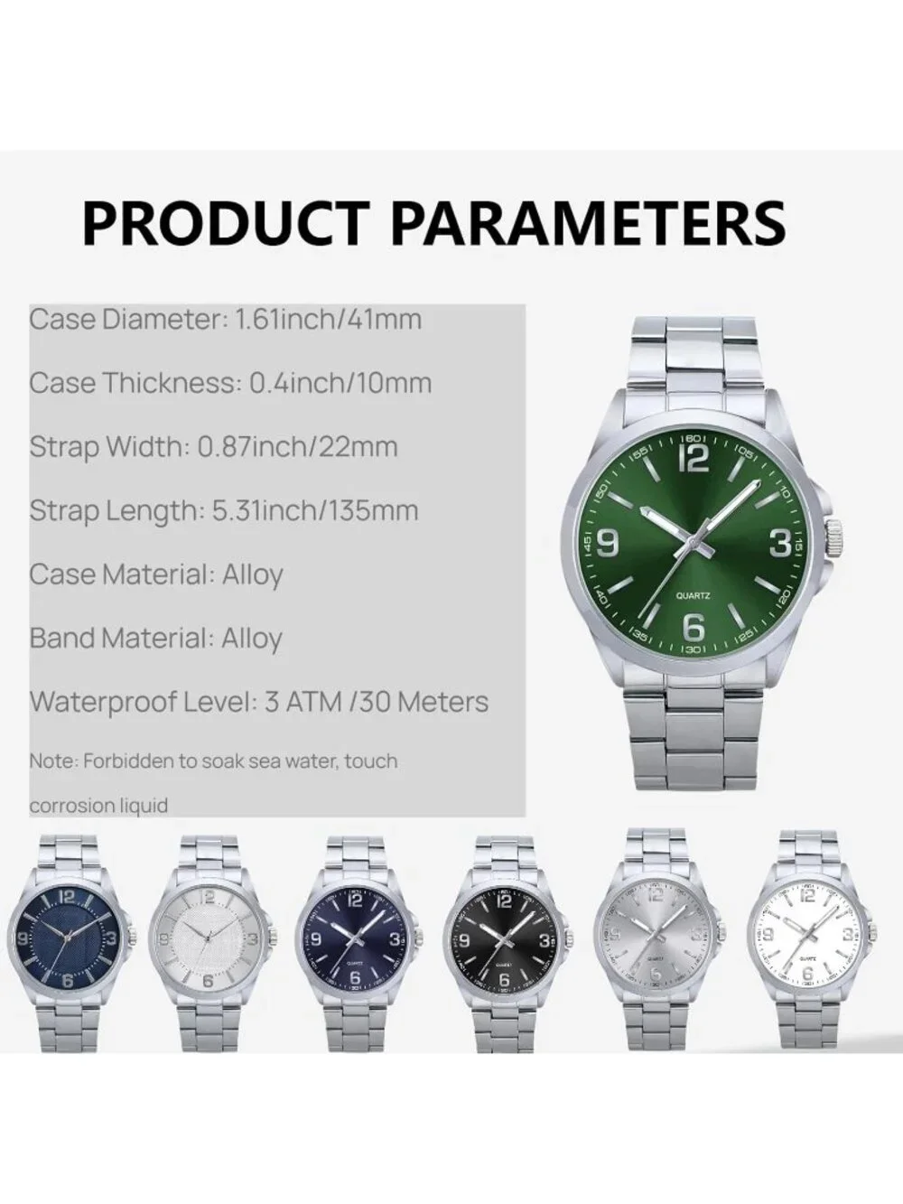 Men's Silver And Green Analog Stainless Steel Case Arabic Numerals Classic Watch